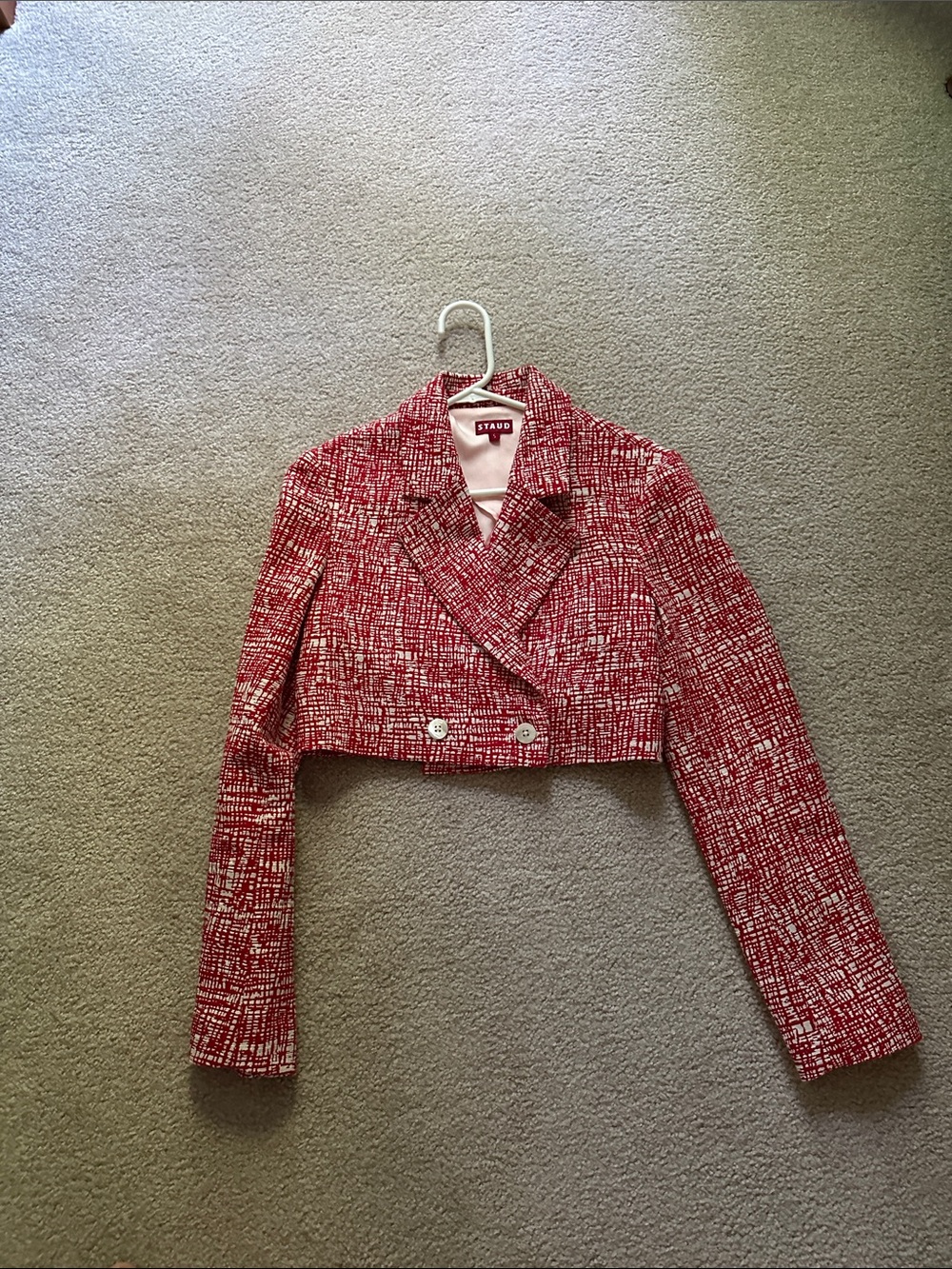 STAUD Pink-Red Tweed Cropped Double-Breasted Blazer